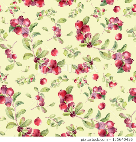 Fresh summer seamless pattern with colorful red plants isolated on neutral. Watercolor lingonberry with dew drops hand painted no AI. Berry repeat background for textile, packaging, wrap paper. 135640456