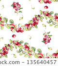 Seamless watercolor pattern of red berries on wavy branches isolated on white. Botanical background for paper, wallpaper, textile, craft, packaging. Nature repeat with lingonberry for scrapbooking. 135640457