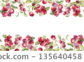 Watercolor cranberry plant seamless border with dew drops isolated on white. Lingonberry branches illustration repeat design for greeting card. Summer botanical illustration with space for text. 135640458