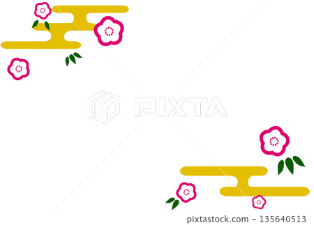 鮮豔的粉紅色花朵、薄霧和竹葉的插圖 135640513