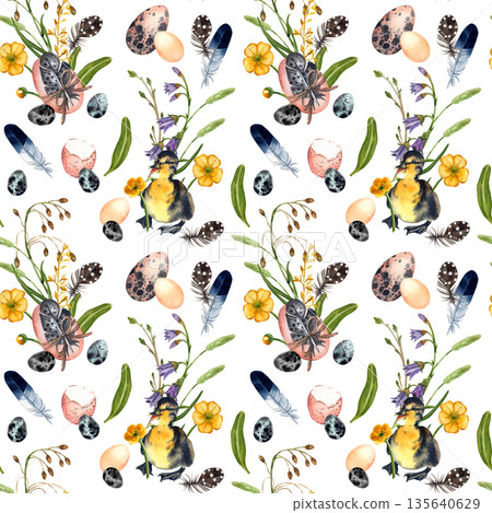 Seamless watercolor pattern for Easter. Spring flowers, ducklings, chickens, eggs, feathers, all hand-painted with watercolor. Hand drawn watercolor illustration for greeting card. Seamless watercolor pattern for Easter. Spring flowers, ducklings, chickens, eggs, feathers, all hand-painted with watercolor. Hand drawn watercolor illustration for greeting card. 135640629