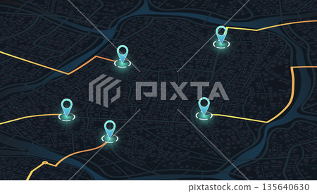 Isometric. The path from a point to the intended goal, many destinations, signs. main road throughout map. Navigation mapping technology for obtaining data on distance and turns of the path. Vector 135640630