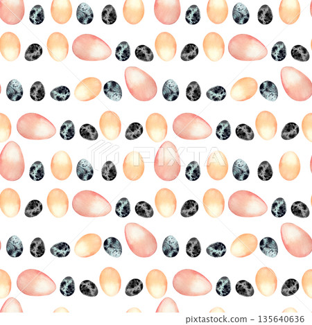 Watercolor seamless pattern with different chicken and quail eggs. Easter holiday illustration for decorative background, wrapping paper, fabric. 135640636