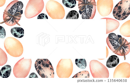 A watercolor frame featuring various Easter eggs, including chicken, quail, and turkey eggs. All hand-painted. A spring-inspired design in a natural style for a greeting card or holiday invitation. A watercolor frame featuring various Easter eggs, including chicken, quail, and turkey eggs. All hand-painted. A spring-inspired design in a natural style for a greeting card or holiday invitation. 135640638