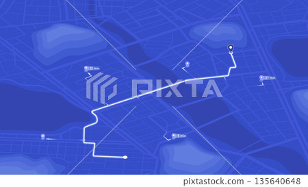 Map with route path in city near mountains and river. Time markers on digital terrain background. Vector illustration. Map with route path in city near mountains and river. Time markers on digital terrain background. Vector illustration. 135640648