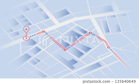Isometric blue city map with red navigation path and destination marker. Vector illustration. Isometric blue city map with red navigation path and destination marker. Vector illustration. 135640649