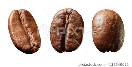 Three Coffee Beans Close Up: Roasted Arabica With Rich Aroma And Texture 135640651