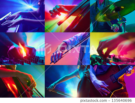 Collage of musician hands playing instruments under colorful stage lights. Collage of musician hands playing instruments under colorful stage lights. 135640696