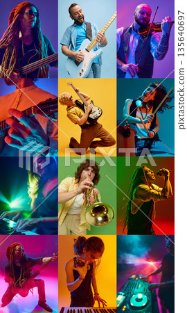Collage of 9 musicians performing with instruments in studio under colorful lights. Collage of 9 musicians performing with instruments in studio under colorful lights. 135640697