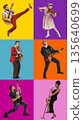 Musicians performing solo with instruments on bright backgrounds composition. 135640699