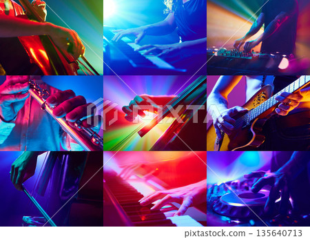 Collage of musician hands playing instruments under colorful stage lights. 135640713