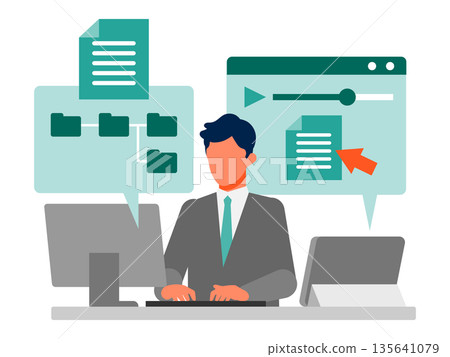 Illustration of a business that promotes human resource development through online training and e-learning. Streamlining qualification acquisition and new employee training. 135641079