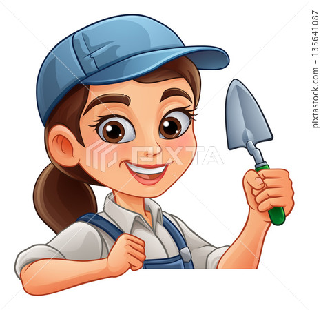 Female Bricklayer Cartoon Trowel Builder Woman 135641087