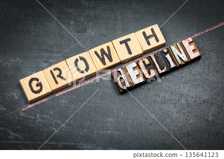 GROWTH Versus Decline Business Trend Comparison Using Wooden Letter Blocks 135641123