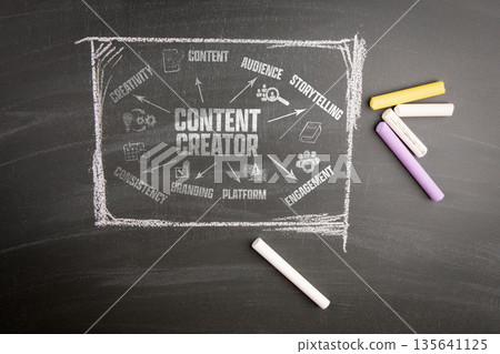 Content Creator Concept. Illustrated infographics and colorful chalk pieces Content Creator Concept. Illustrated infographics and colorful chalk pieces 135641125