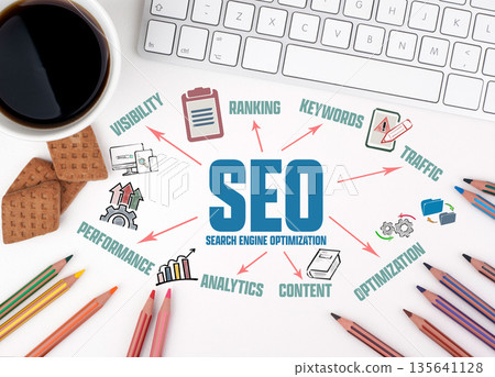 SEO Search Engine Optimization Concept. Chart with keywords and icons 135641128