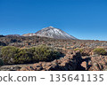 A majestic view of Mount Teide with snow on its summit standing out against the landscape of dark volcanic rocks 135641135