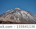 A majestic view of Mount Teide with snow on its summit standing out against the landscape of dark volcanic rocks 135641136