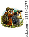 Birdwatching Couple with Binoculars and Camera in Nature, Wildlife Observation Illustration 135641277