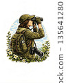 Female Birder with Binoculars and Camera Equipment Exploring Wilderness, Birdwatching concept 135641280