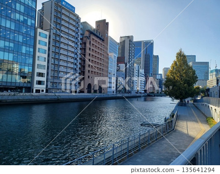 河畔步道上矗立著一棵大樹，對岸兩岸林立著建築物。 135641294