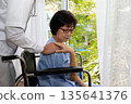 Elderly Asian woman in a wheelchair receives support and comfort from a doctor in a hospital setting. Medical care, patient recovery, healthcare compassion, and elderly rehabilitation concept 135641376