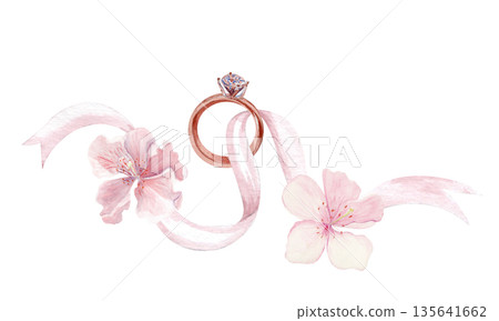 Engagement ring, flowing ribbon, sakura flowers watercolor isolated on white for proposal design, luxury branding, romantic stationery, invitations, jewelry marketing editorial decor. Horizontal blush Engagement ring, flowing ribbon, sakura flowers watercolor isolated on white for proposal design, luxury branding, romantic stationery, invitations, jewelry marketing editorial decor. Horizontal blush 135641662