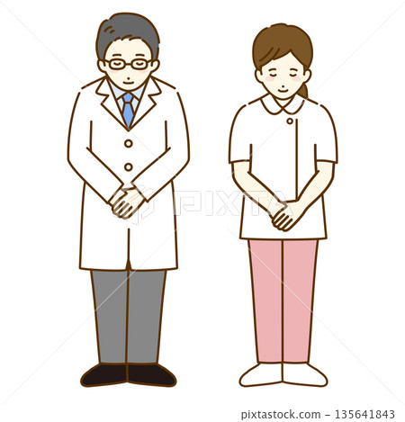 醫生和護士鞠躬的全身插圖 135641843