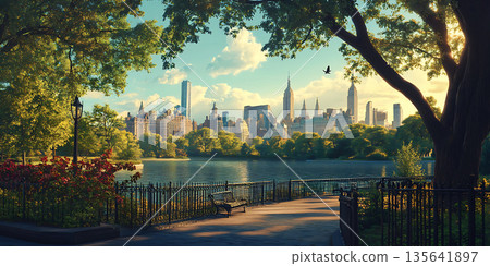 Serene Cityscape Park View and Urban Skyline Serene Cityscape Park View and Urban Skyline 135641897