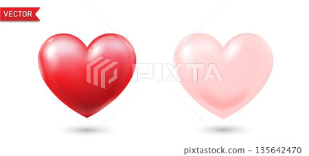 A set of two three-dimensional red and pink hearts with highlights and shadows on a white background. 135642470