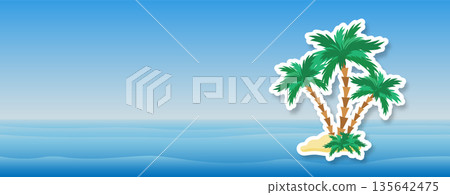 A summer banner with an abstract blue sea or ocean and an island with palm trees. Summer background with sea and palm trees for your design. 135642475
