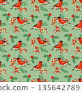 Cute red birds with rowan berry branch and leaves seamless pattern design on pastel green background. Perfect for wallpaper, seasonal decor, textiles. Vector illustration 135642789