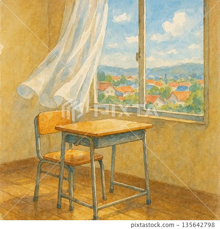 一間空蕩蕩的教室,窗邊擺放著桌椅,還有一片藍天。 一間空蕩蕩的教室,窗邊擺放著桌椅,還有一片藍天。 135642798