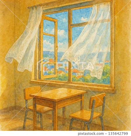 一間空蕩蕩的教室，窗邊擺放著桌椅，還有一片藍天。 135642799