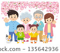 Cherry blossoms and a family dressed in spring clothes 135642936