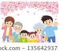 Cherry blossoms and a family dressed in spring clothes 135642937
