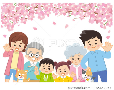 Cherry blossoms and a family dressed in spring clothes 135642937