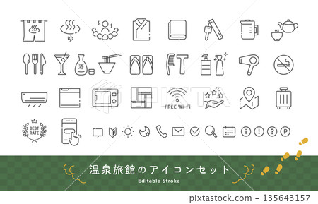 Hot spring inn vector icon set. Amenities, open-air baths, Wi-Fi facilities, etc. (monochrome, line drawing) Hot spring inn vector icon set. Amenities, open-air baths, Wi-Fi facilities, etc. (monochrome, line drawing) 135643157
