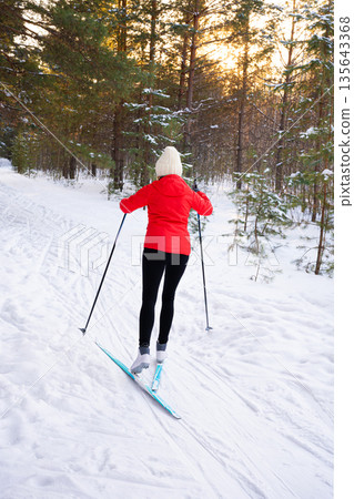 Woman skiing in winter forest Woman skiing in winter forest 135643368