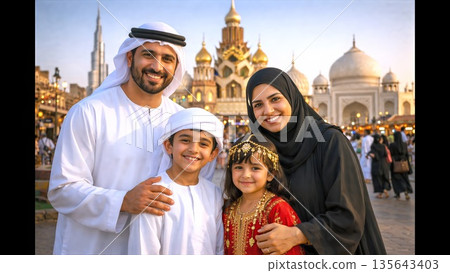 Joyful Cultural Gathering, Family Enjoying Mosque Surroundings, Smiling Family In Mosque Courtyard At Sunset, Traditional Family Portrait Capturing Pride And Unity Outdoors 135643403