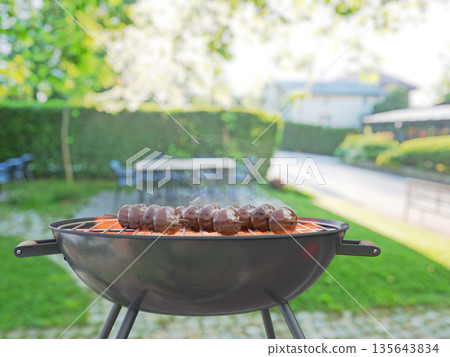 summer time in backyard garden with grill BBQ, blurred background 135643834