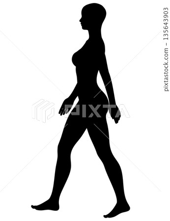 Silhouette of a woman walking with good posture and waving her hand, full body sideways, monochrome Silhouette of a woman walking with good posture and waving her hand, full body sideways, monochrome 135643903