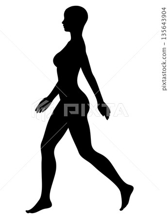 Silhouette of a woman walking with a beautiful posture, full body sideways, monochrome Silhouette of a woman walking with a beautiful posture, full body sideways, monochrome 135643904