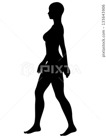 一位女性挺拔的背脊和優美的身姿,側身行走,剪影,單色 一位女性挺拔的背脊和優美的身姿,側身行走,剪影,單色 135643906