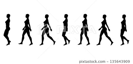 Illustration set of a woman's silhouette walking with beautiful posture, walking style, frame by frame, full body sideways Illustration set of a woman's silhouette walking with beautiful posture, walking style, frame by frame, full body sideways 135643909