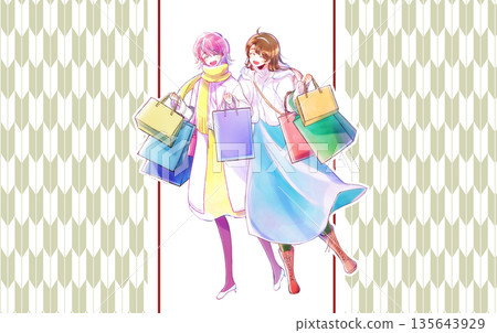 兩位女士拎著許多購物袋，面帶微笑，冬日，首場促銷 135643929