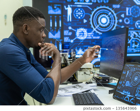 Black Researcher Making a Quantum Computing Experiment 135643966