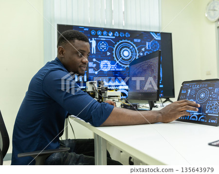 Black Researcher Making a Quantum Computing Experiment Black Researcher Making a Quantum Computing Experiment 135643979