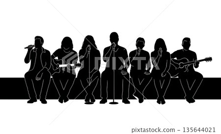 Black Solid Singer Sitting Stage Edge Silhouettes Set of Six on White Background 135644021