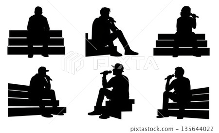 Black Solid Singer Sitting Stairs Silhouettes Set of Six on White Background 135644022